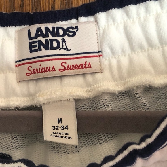 NWT MENS LAND END ‘SERIOUS SWEATS’ FRENCH TERRY SHORTS NAVY/IVORY STRIPES - Picture 5 of 6